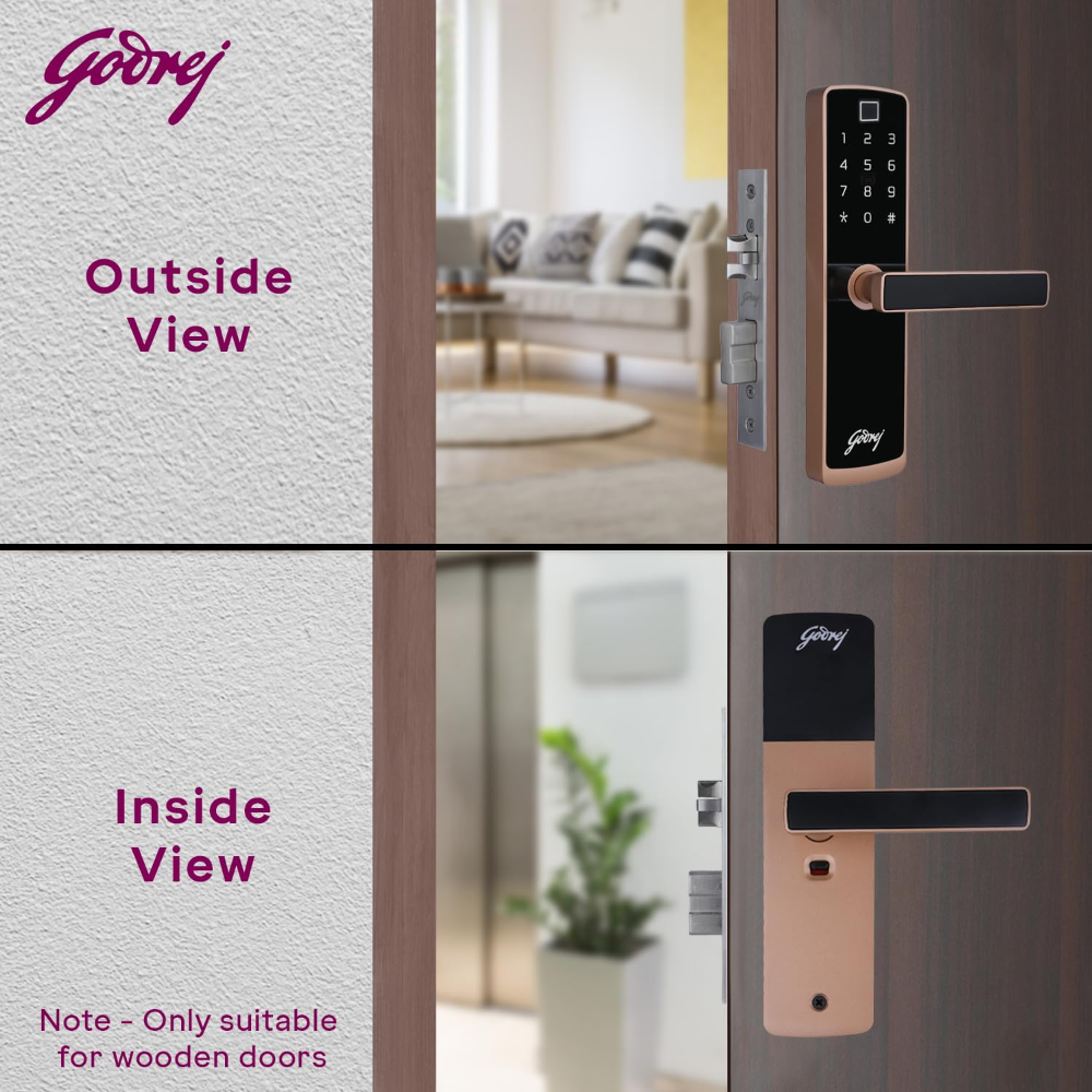 Godrej Smart Lock I Catus Touch Plus I Digital Lock for Wooden Door I 4in1 Access I Fingerprint | RFID I PIN Access I Mechanical Key I 3 Dead Bolts I Rose Gold I 3 Yr Warranty | Free Installation